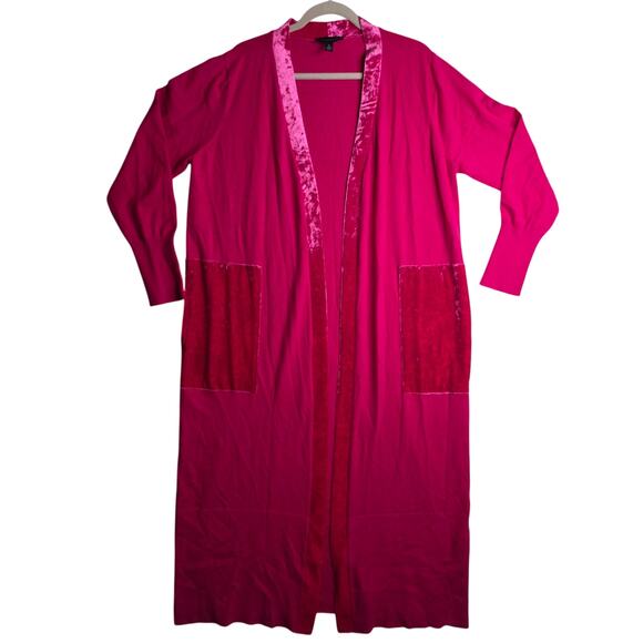 H Halston Neon Pink XL/TG W Velvet Trims n  Pockets Maxi Long Cardigan Rare Find - Picture 1 of 16